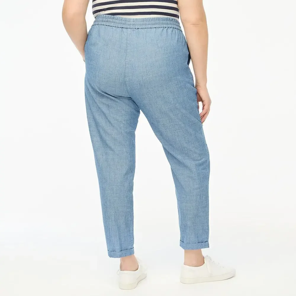 J. Crew Pants Chambray Drawstring Waist Tapered Cotton Med Echo Blue Wash NWT 18